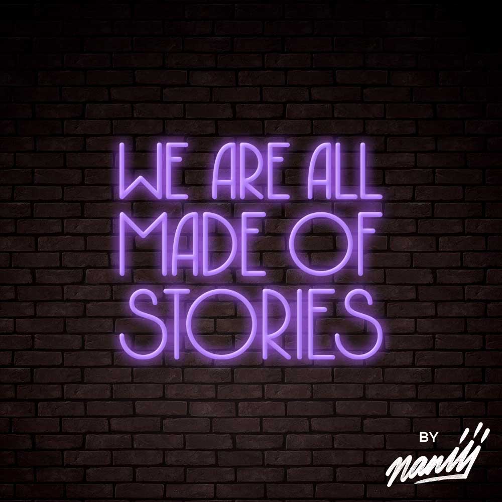 neon deco we are all made of stories violet